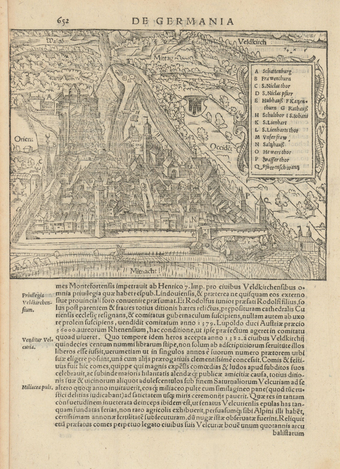 Veldkirch. Bird's eye view of Feldkirch in Vorarlberg, Austria. MÜNSTER 1572 map